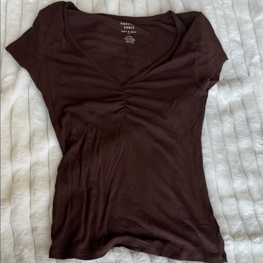 American Eagle Outfitters Brown Ruched Fitted T-Shirt